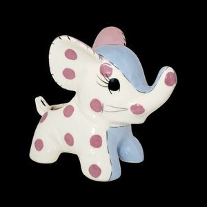 Vintage White Blue Elephant With Pink Polka Dot Planter Ceramic Trunk Up 5" Wide